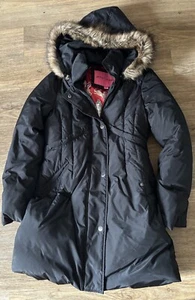 Betsey Johnson Black Down Feather Puffer Quilted Pink Faux Fur Hood Jacket Small - Picture 1 of 7