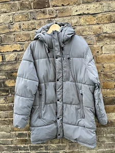 ZARA Mens Puffer Jacket Medium Zipper Coat Hooded Grey Down Storm Cold - Picture 1 of 6