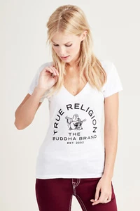 True Religion Women's Buddha Crystal Embellishment Deep V Neck Tee T-Shirt - Picture 1 of 4