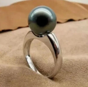 Precioso Anillo AAAAA 9-10mm REDONDO Genuino Natural Mar del Sur Perla Negra 925s - Imagen 1 de 2