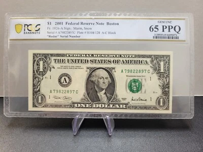 2001 $1 Federal Reserve Boston PCGS Gem Unc 65 PPQ #A79822897C **Radar Note** - Image 1 of 2