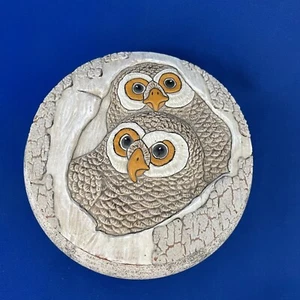 Wood Bark Textured Ceramic Pair of Owls Round Keepsake Box 7" by 3" - Picture 1 of 9