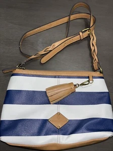 St. John’s Bay Purse, White And Blue Striped With Brown Leather Trim And Strap - Picture 1 of 6