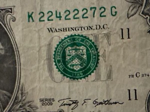 RARA - TRINARY, SIX OF A KIND - banconota da 1 dollaro NUMERO DI SERIE UNICO - K22422272G - Foto 1 di 13