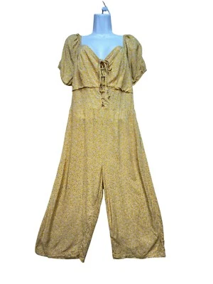 Luxology Womens Lace Up Jumpsuit Sze L Yellow Floral Fairly Milkmaid Wide Leg - Image 1 of 4