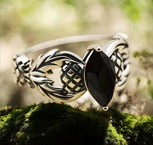 ANILLO DE PLATA ESTERLINA MACIZA 925 ÁGATA NEGRA CARDO ESCOCÉS ESTILO VINTAGE 1777 - Imagen 1 de 4