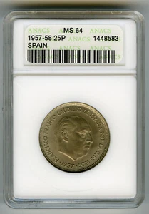 # SPAIN 1957*58 • 25 PESETAS MS 64 ☆ GENERAL FRANCO DICTATORSHIP • KM#787 ☆C9255 - Picture 1 of 2