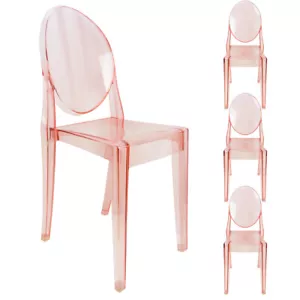Set of 4 Pink Ghost Chairs Armless Crystal Clear Chairs, Stacking Dining Chairs - Picture 1 of 13