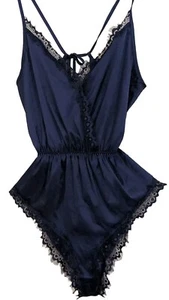 NWT Avid Love Teddy Sz Medium Blue Satin Romper Lingerie Eyelash Lace Open Back - Picture 1 of 7
