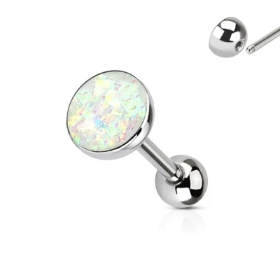 Tongue Ring Opal (Faux) White 6mm Round Top 14 Gauge 5/8" Steel Barbell  - Image 1 of 3