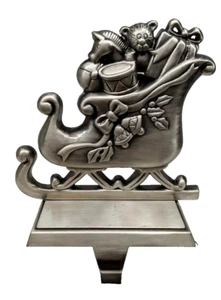 Christmas Stocking Hanger Santa's Sleigh Pewter Finish Mantle Hook Santa Claus - Picture 1 of 7