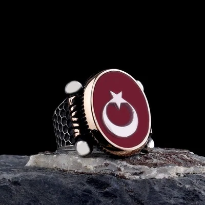 Anillo hecho a mano de plata de ley 925 color rojo media luna estrella turco para hombre joyería Foto 1 de 3