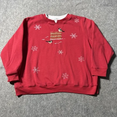 Suéter Vintage Navidad 1X Chickadee Birds Copos de Nieve Bordado Rojo Abuela Foto 1 de 4