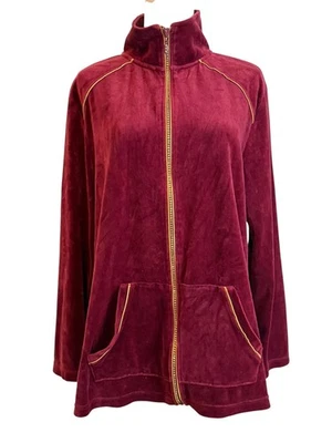 Quacker Factory Track Jacket Womens L Burgundy Velour Rhinestone Full Zip - Image 1 of 4