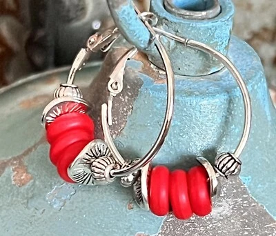 Etched Silver Lever Back Hoops with Red  Glass Bead Earrings. Boho Chic. - Image 1 of 2