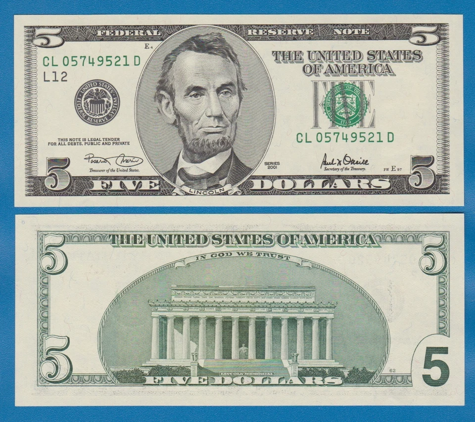 United States 5 Dollars 2001 "L" P 510 San Francisco UNC USA FR#1988L - Image 1 of 1