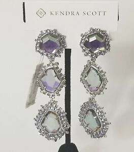 Kendra Scott Aria Gray Dichroic Glass Crystal Silver Clip On Statement Earrings 