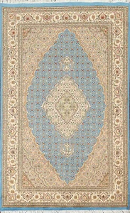Light Blue/ Ivory Tebriz Mahi Handmade Wool/ Silk Rug 4x7 - Picture 1 of 18
