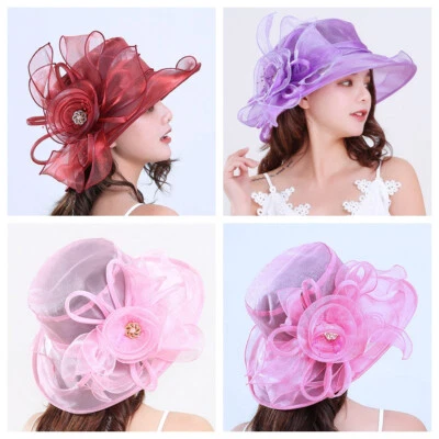 SANS MARQUE Femmes Derby écharpe chapeau ORGANZA chapelle mariage large Brim Party cap