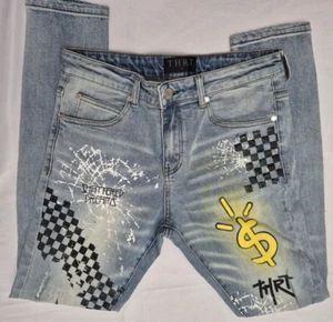 THRT Jeans Men's 32 Blue Denim Shattered Dreams Good Vibes Graffiti Streetwear - Picture 1 of 16