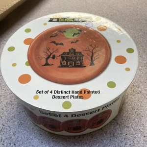 Orange  8” HAUNTED HOUSE Dessert Plate Set Halloween Bats Moon Owl - Picture 1 of 4