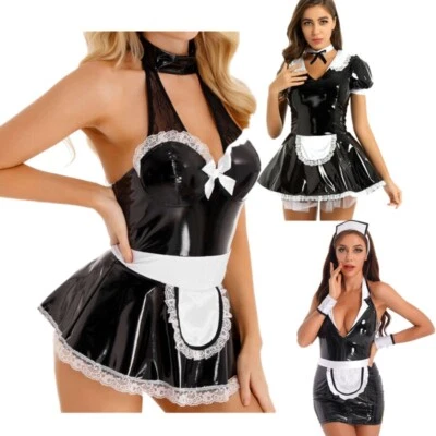 Roupas sexy femininas de couro envernizado vestidos de empregada doméstica fantasia de festa - Imagem 1 de 3