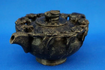 Teapot HARD STONE similar to black jadeite jade ORIENTAL ART Japan China Flowers - Image 1 of 4