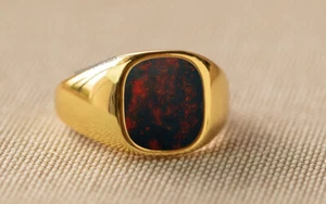 Bloodstone Gemstone Ring Vintage Yellow Gold Signet Mens 925 Silver Cushion Ring - Picture 1 of 7