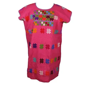 VESTIDO ROSA AMUZGO COSIDO A MANO CRUZ MEXICANO BORDADO HUIPIL RODILLA GUERRERO - Imagen 1 de 5