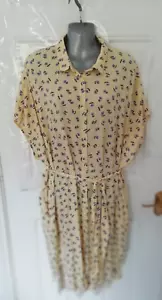 Monki Size L Lemon Pastel Yellow Purple Floral Shirt Dress Tie Belt Pockets - Picture 1 of 11