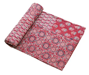 Indian Red Ajakh Kantha Quilt Bedspread Cotton Twin Blanket Bedding Decor Arts - Picture 1 of 3