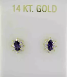 LAB AMETHYST & WHITE SAPPHIRES STUD EARRINGS 14K GOLD - NWT - Screw Backs - Picture 1 of 4