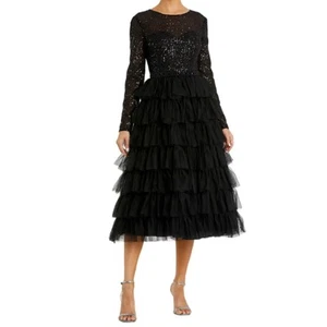 Ieena for Mac Duggal Black Long Sleeve Ruffle Tiered Midi Dress Women’s Sz 8 - Picture 1 of 9