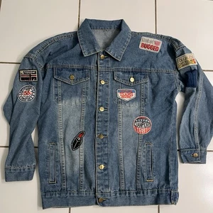 Chaqueta de Camionero Denim De Colección Para Hombre L Azul Patchwork Parches de Carreras Botón Delantero - Imagen 1 de 10