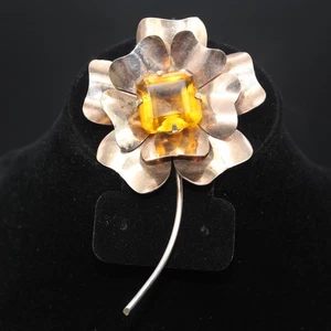 Spilla fiore vintage ORO LAVATO ARGENTO STERLING spilla sfaccettata citrino "gemma" enorme 46 g - Foto 1 di 12