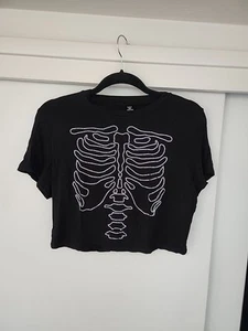 Black Silver Sequin Stretch Crop Top Ribcage Skeleton 1XL - Picture 1 of 7