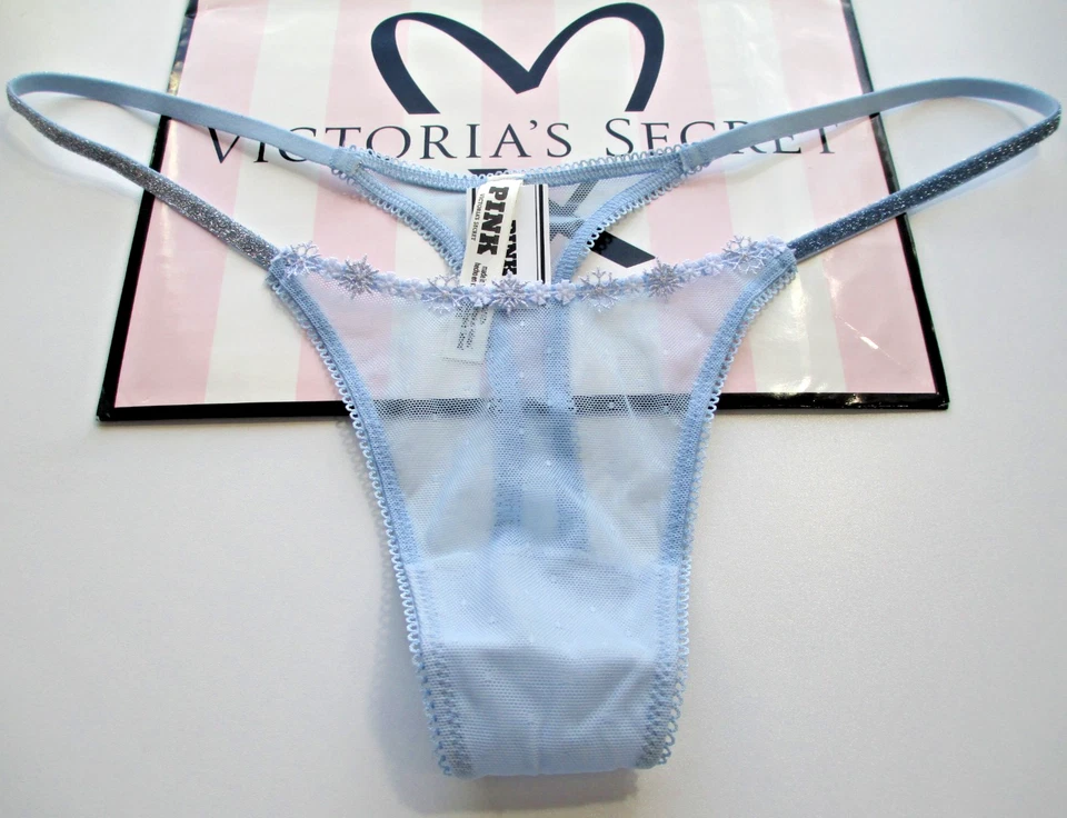VICTORIA'S SECRET розовый высоты ноги стринги трусики против ледяной синий сетки S M снежинка блеск - Изображение 1 из 4