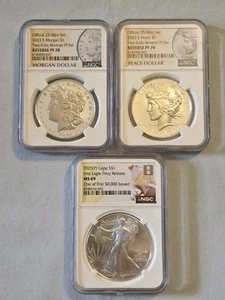 NGC Lot Of Three - 2023 Reverse Morgan - 2023 Reverse Peace - 2025 Eagle Privy - Picture 1 of 6