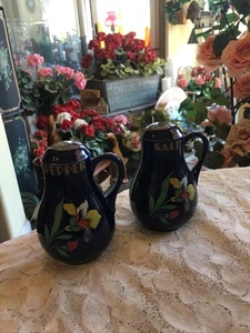 Vtg HALL China USA Cobalt~Blue Blossom~Salt/Pepper Range Shakers Art Deco Iris - Picture 1 of 6