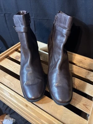 Botas al tobillo PREDICTIONS® de cuero marrón oscuro punta redonda tacón bloque para mujer talla 11 Foto 1 de 4