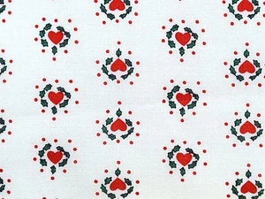 Vintage Christmas Red Hearts Green Holly Novelty Cream Cotton Fabric 3.5yds - Picture 1 of 3
