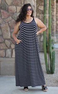New PLUS SIZE Womens OVERSIZED BLACK WHITE STRIPED TANK MAXI DRESS POCKETS 1X 2X - Picture 1 of 6