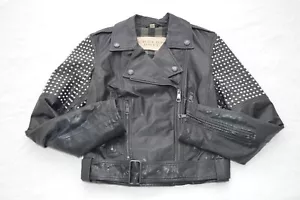 Burberry Black Leather Silver Stud Zip Biker Belt Jacket Coat Womens UK 8 US 6 - Picture 1 of 12