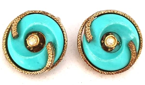 Pendientes Napier de Colección Clip Tono Dorado Art Deco .75" Azul Aqua Remolino Disco Estrás - Imagen 1 de 13