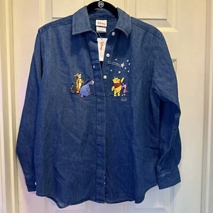 Disney Store NWT denim Winnie The Pooh Button Up Shirt Small Shooting Star - Picture 1 of 8