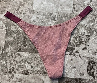 NWT VICTORIA'S SECRET PINK MAROON RIBBED LOGO SIDE STRAPS HIGH LEG THONG PANTIES - Image 1 of 3
