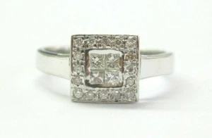 Natural Princess & Round Cut Diamond White Gold Cluster Ring .40Ct 14Kt - Picture 1 of 4