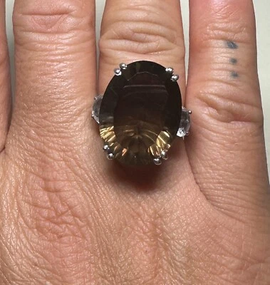 Concave Cut Brazilian Smoky Quartz, White Topaz Ring in Platinum Over Sterling S - Image 1 of 4