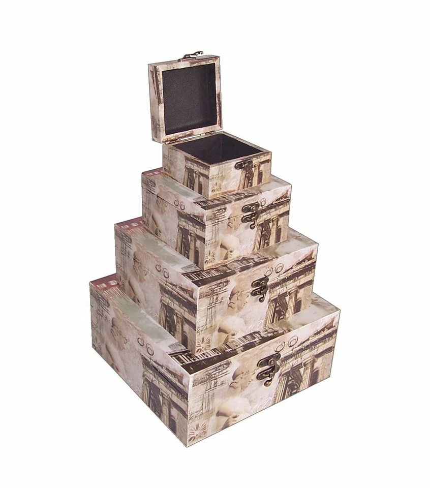 459 Massivholz Box 4er Set  mit Leinenoptik Schatzkiste Holzkiste Holzbox - Bild 1 von 4