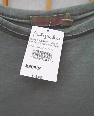 Nuevo con etiquetas FRESH PRODUCE Gris Medio Ana Espalda Dividida Sudadera Manga Campana Camisa Sombra Foto 1 de 4